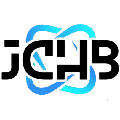 Logo de una empresa o consultoría con las letras 'jCHB' en diseño moderno y colores azul y negro.